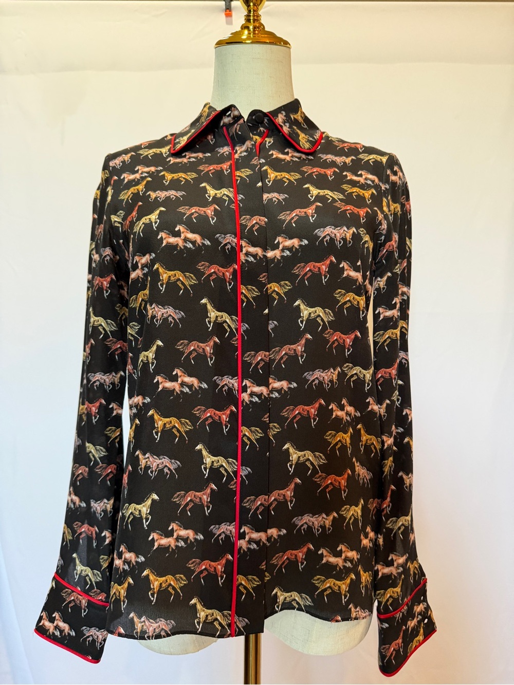 Alice + Olivia Black Horse Print Silk Top